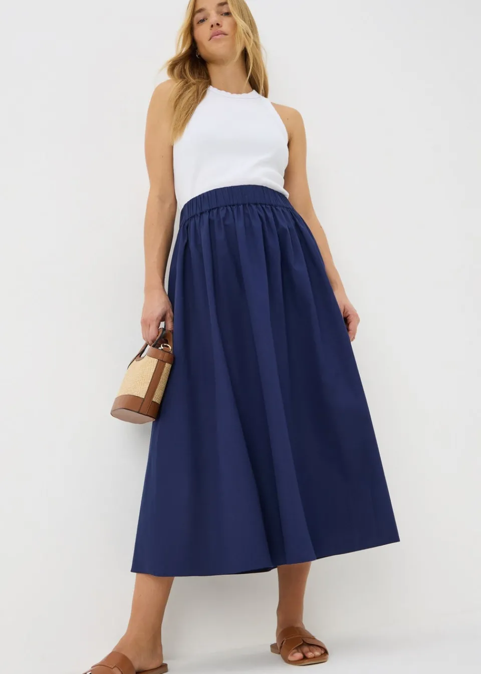 Skirts>Papaya Navy Midi Poplin Skirt