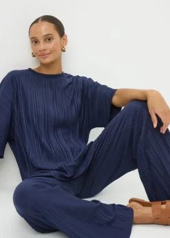 Trousers>Papaya Navy Plisse Co Ord Trousers