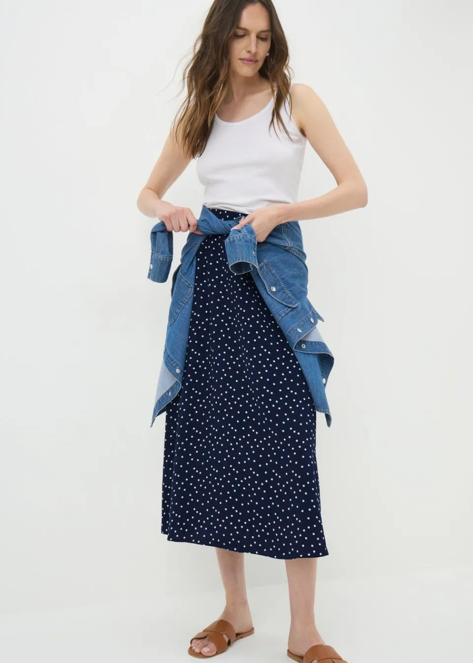 Skirts> Navy Polka Dot Flared Hem Skirt