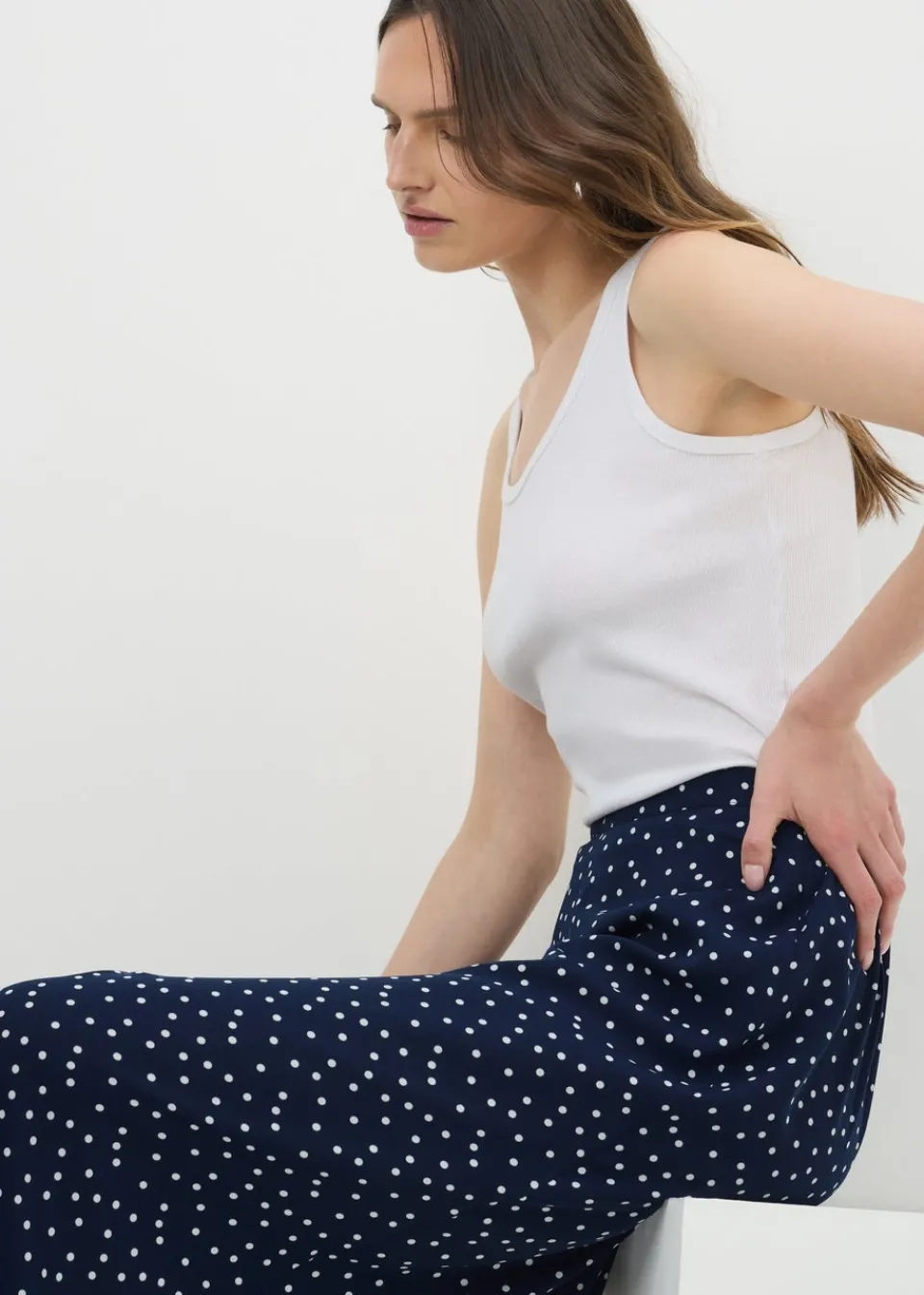 Skirts> Navy Polka Dot Flared Hem Skirt