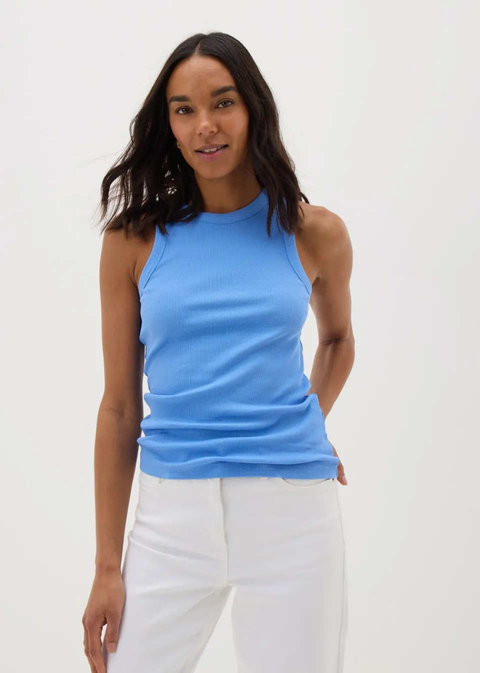 Tops>Papaya Navy Ribbed High Neck Racer Back Vest Top Blue