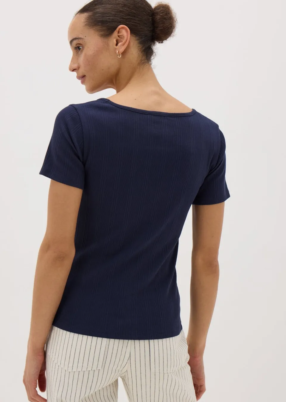 T-Shirts>Papaya Navy Ribbed Square Neck T-Shirt