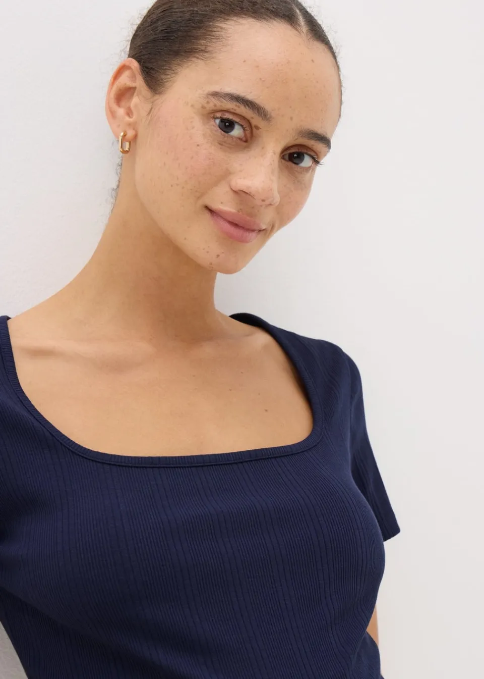T-Shirts>Papaya Navy Ribbed Square Neck T-Shirt