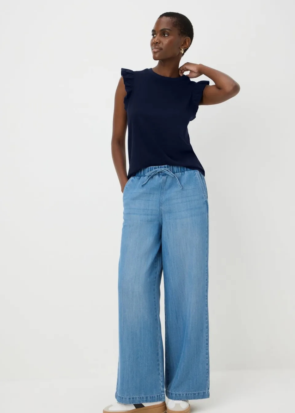 T-Shirts>Papaya Navy Ruffle Sleeve T-Shirt