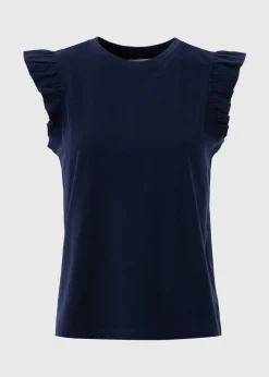 T-Shirts>Papaya Navy Ruffle Sleeve T-Shirt
