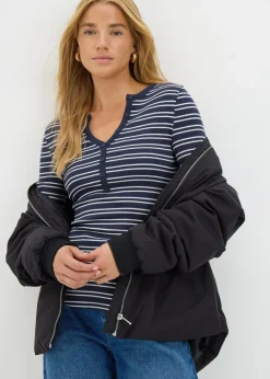 T-Shirts>Papaya Navy Stripe Henley Collar Long Sleeve Top