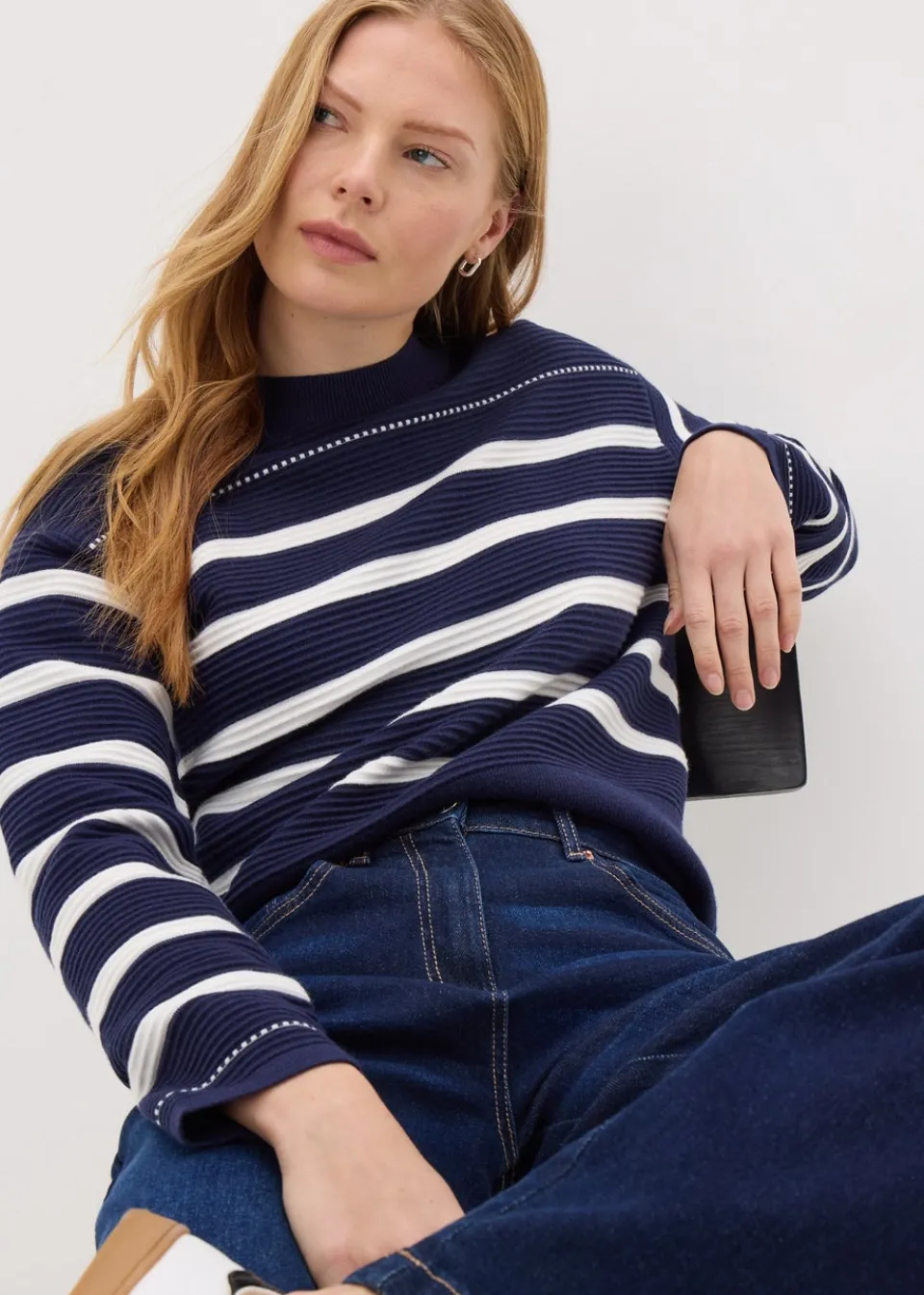 Tops>Papaya Stripe Knitted Jumper Navy
