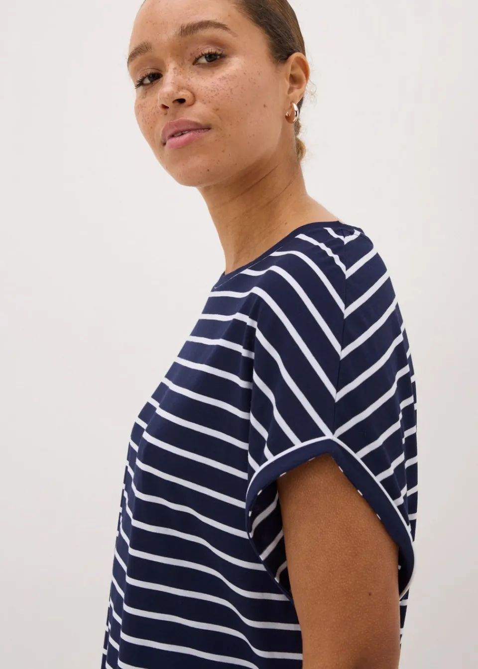 Tops>Papaya Navy Stripe Longline T-Shirt