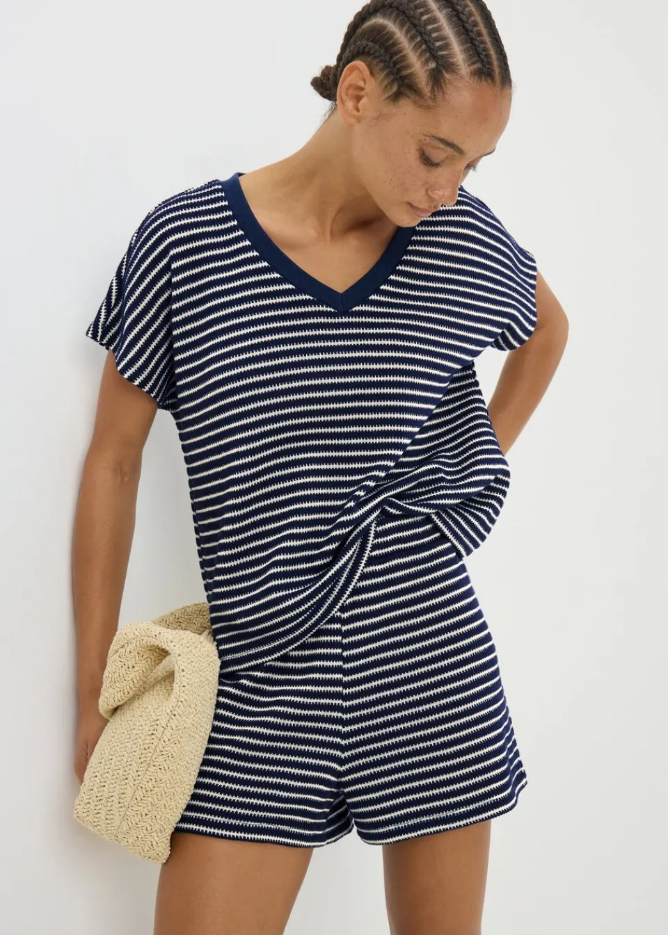 Tops>Papaya Navy Stripe Textured V Neck Crop Top