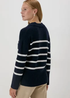Tops>Papaya Stripe V-Neck Jumper Navy