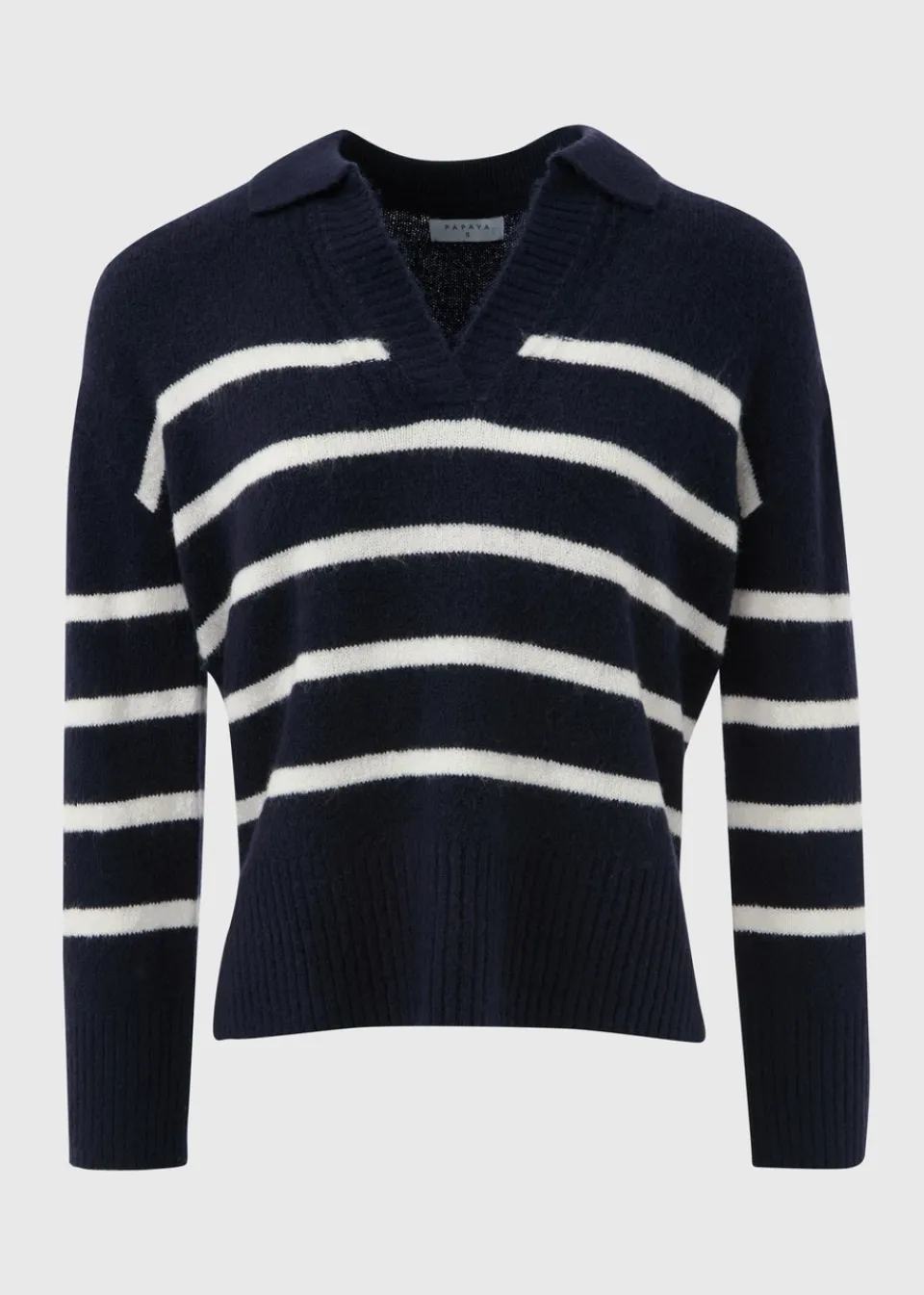 Tops>Papaya Stripe V-Neck Jumper Navy