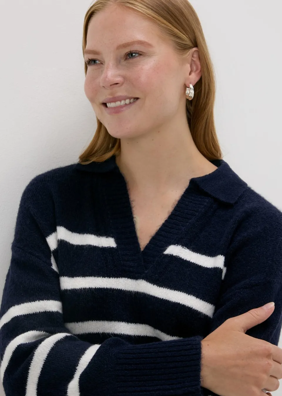 Tops>Papaya Stripe V-Neck Jumper Navy