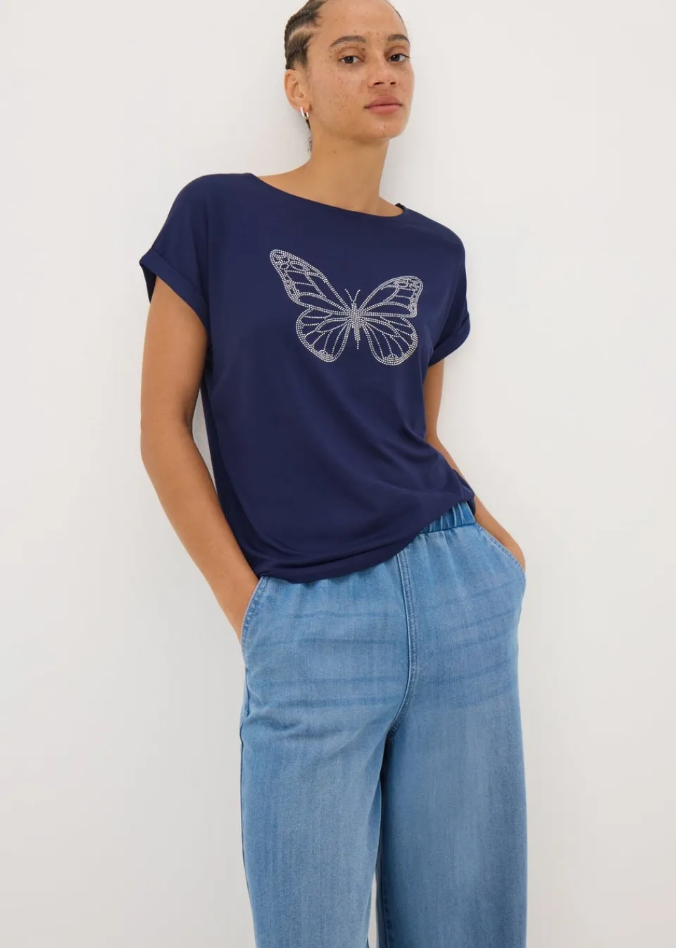 T-Shirts>Papaya Navy Studded Butterfly T-Shirt