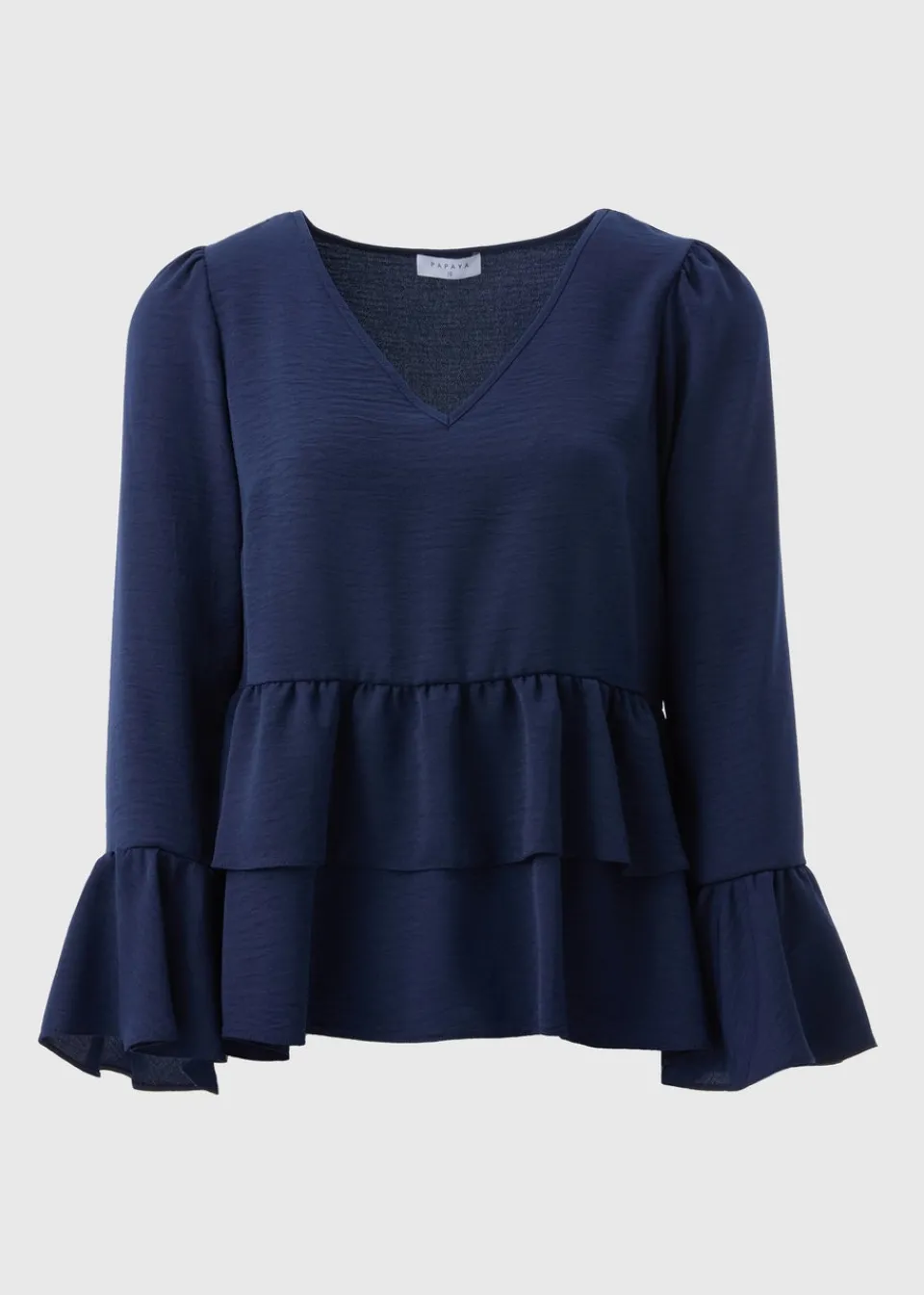 Tops>Papaya Navy V-Neck Ruffle Blouse