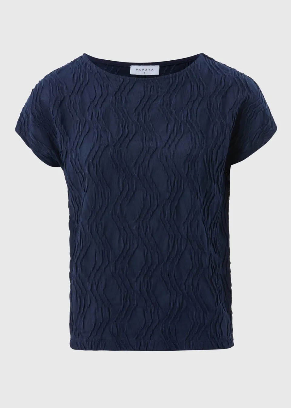 Tops>Papaya Navy Wavy Textured Crew Neck T-Shirt
