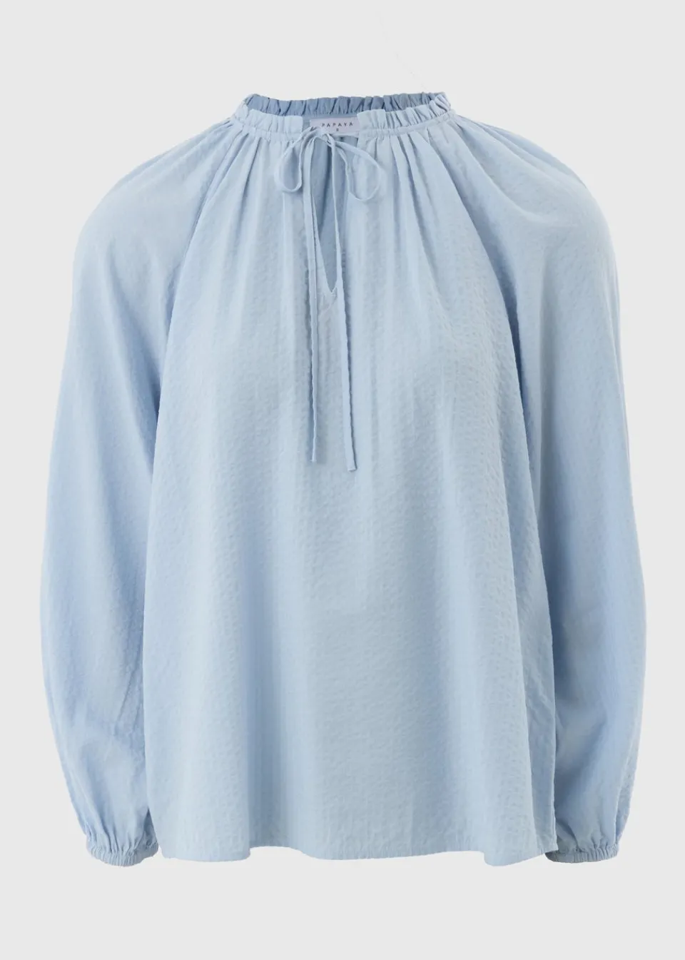 Tops>Papaya Pale Blue Boho Textured Tie Neck Blouse