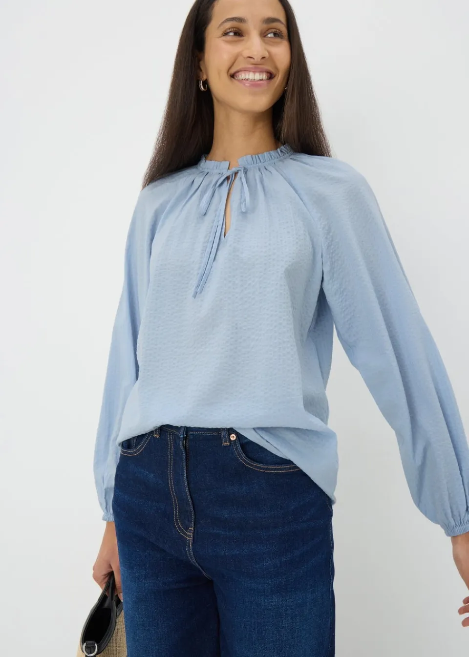 Tops>Papaya Pale Blue Boho Textured Tie Neck Blouse