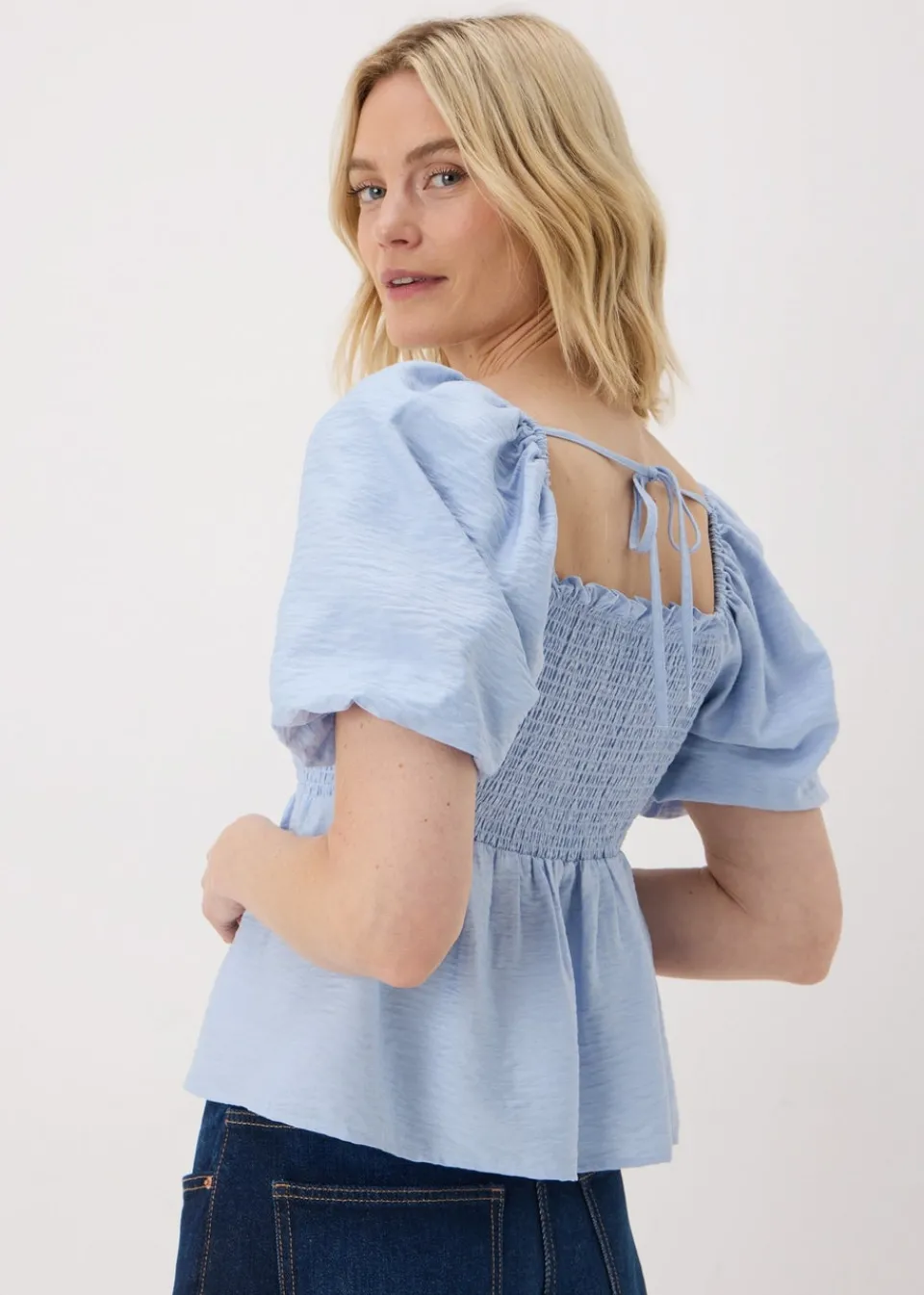 Tops>Papaya Pale Blue Shirred Tie Back Blouse