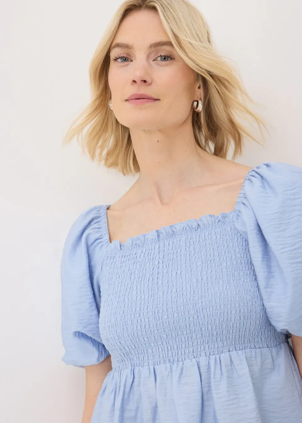 Tops>Papaya Pale Blue Shirred Tie Back Blouse