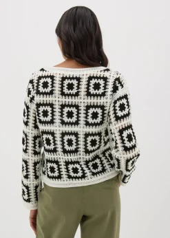Knitwear>Papaya Petite Black Crochet Patchwork Jumper