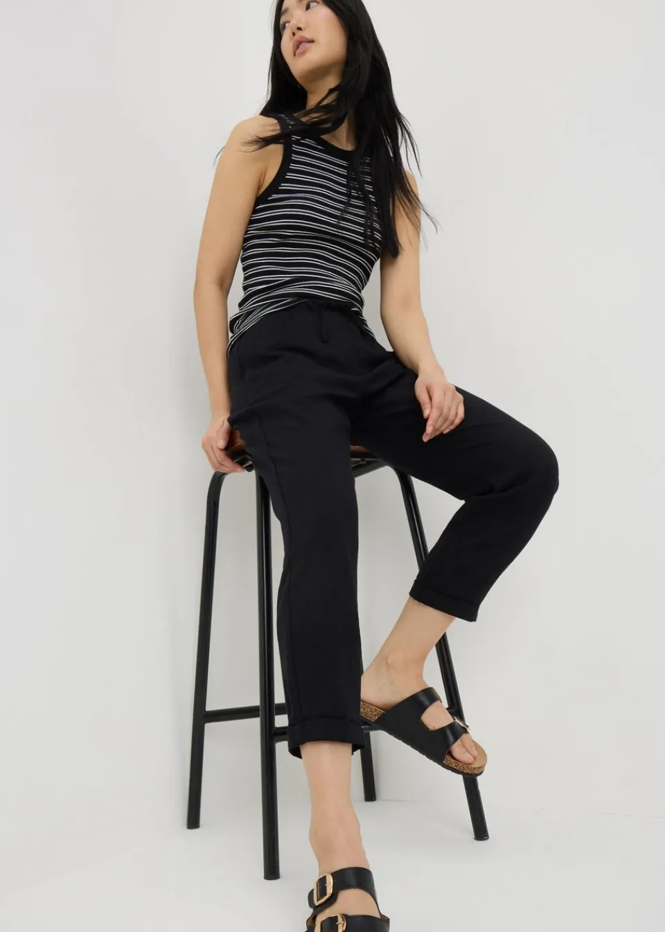 Trousers>Papaya Petite Black Linen Blend Tapered Trousers