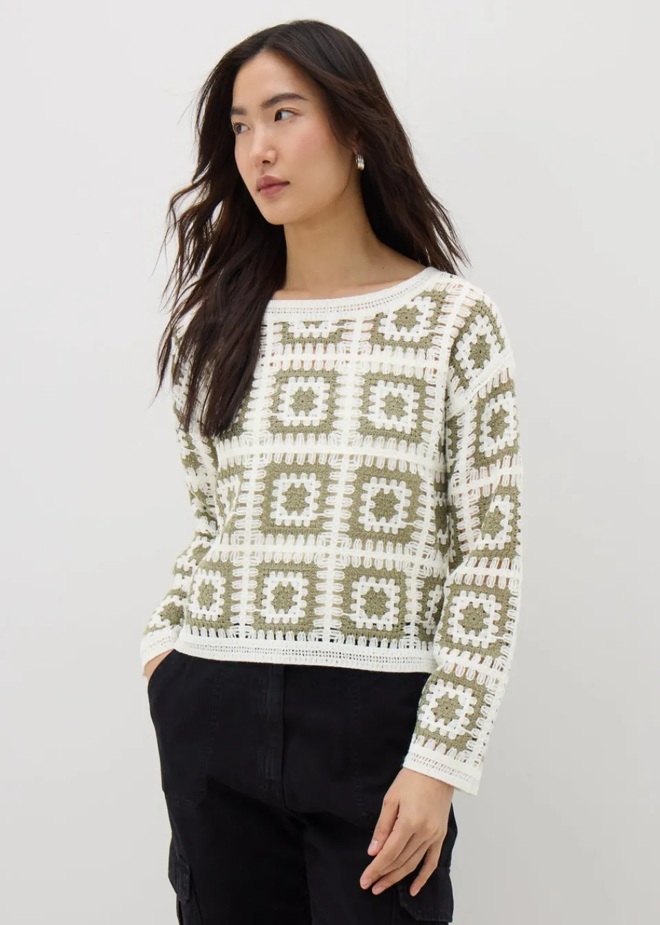 Tops> Papaya Petite Green Crochet Patchwork Jumper