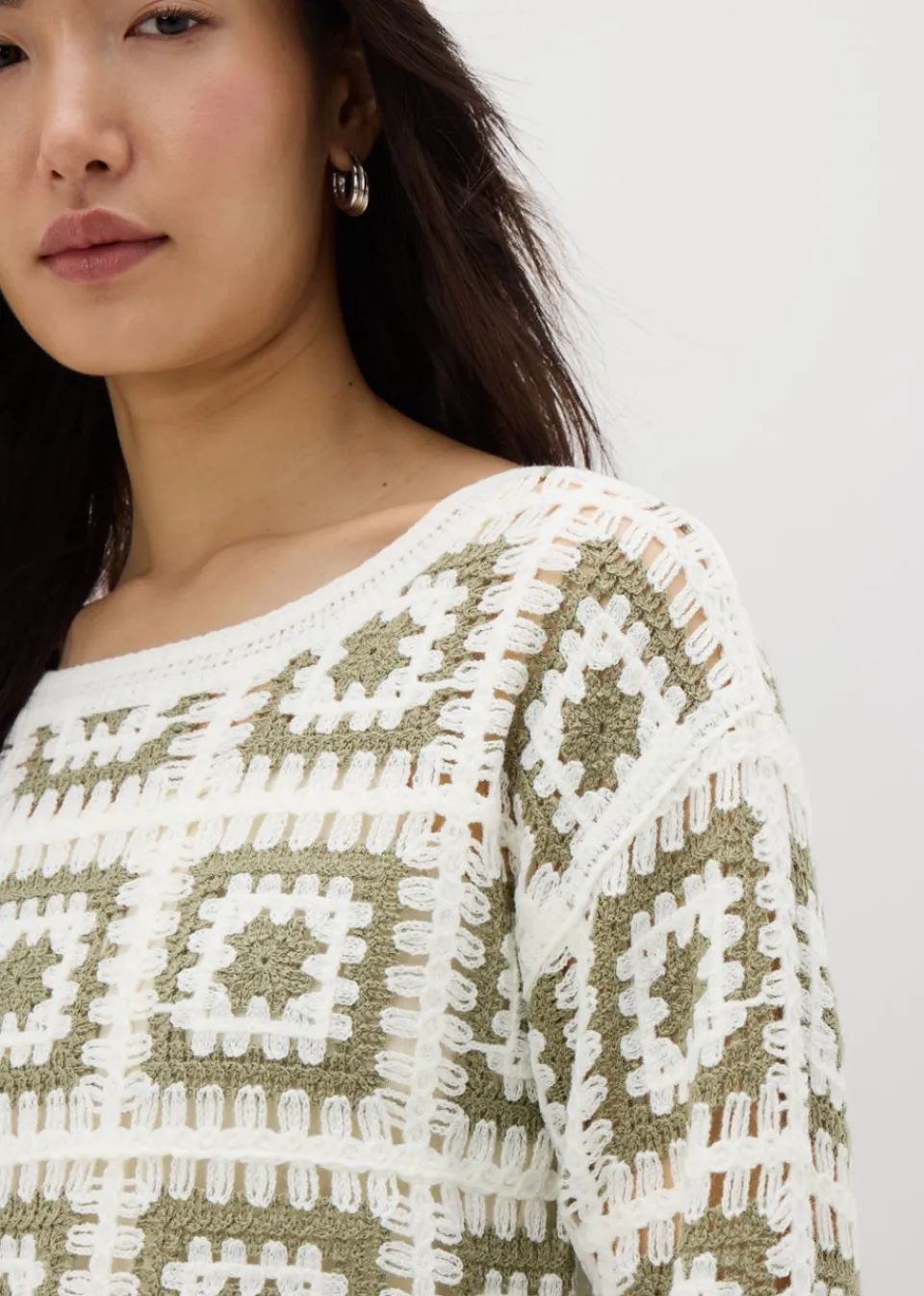 Tops> Papaya Petite Green Crochet Patchwork Jumper