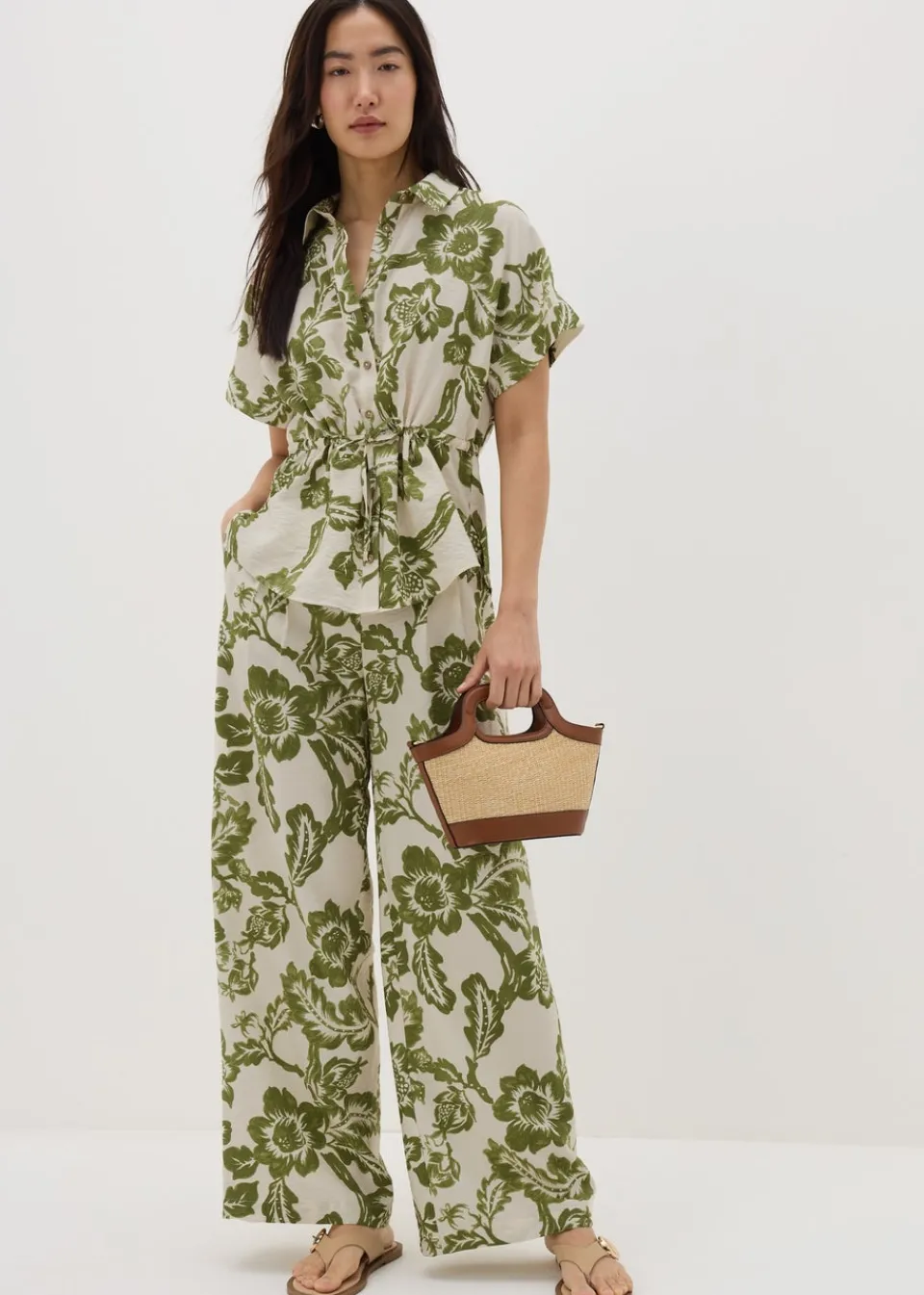 Trousers>Papaya Petite Green Floral Print Wide Leg Trousers