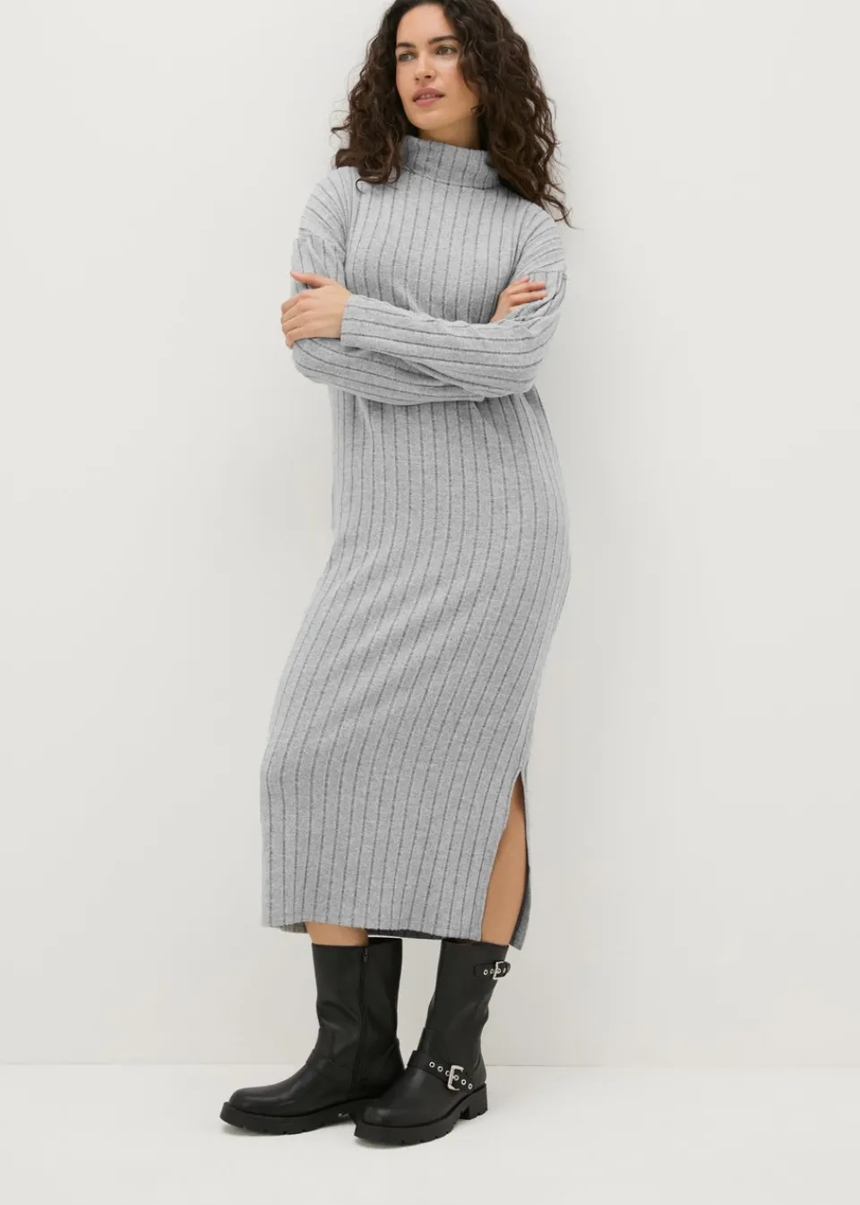 Knitwear>Papaya Petite Grey Ribbed Roll Neck Midi Dress