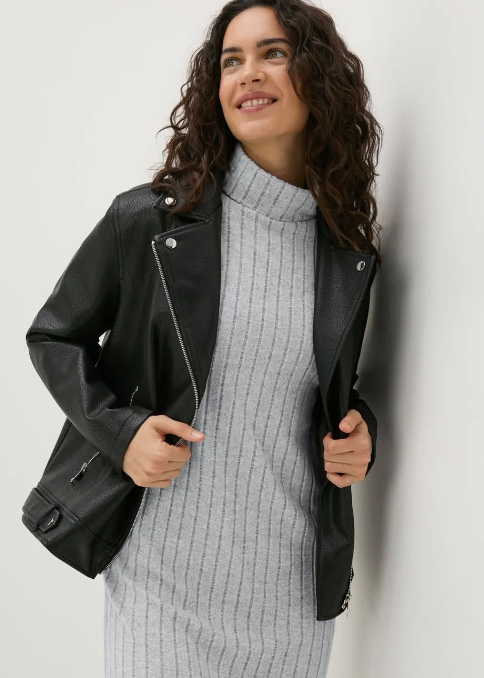 Knitwear>Papaya Petite Grey Ribbed Roll Neck Midi Dress