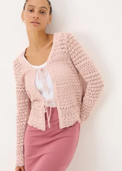 Tops>Papaya Petite Pink Pointelle Tie Front Cardigan