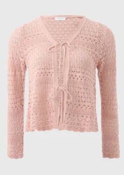 Tops>Papaya Petite Pink Pointelle Tie Front Cardigan