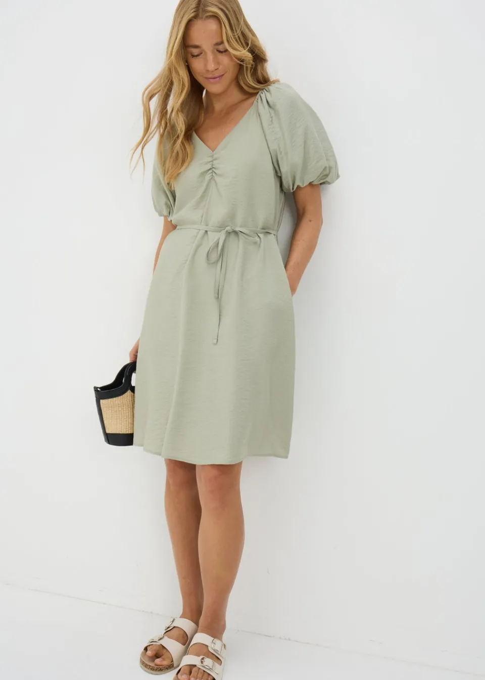 Dresses>Papaya Petite Sage Green Tie Waist Mini Dress