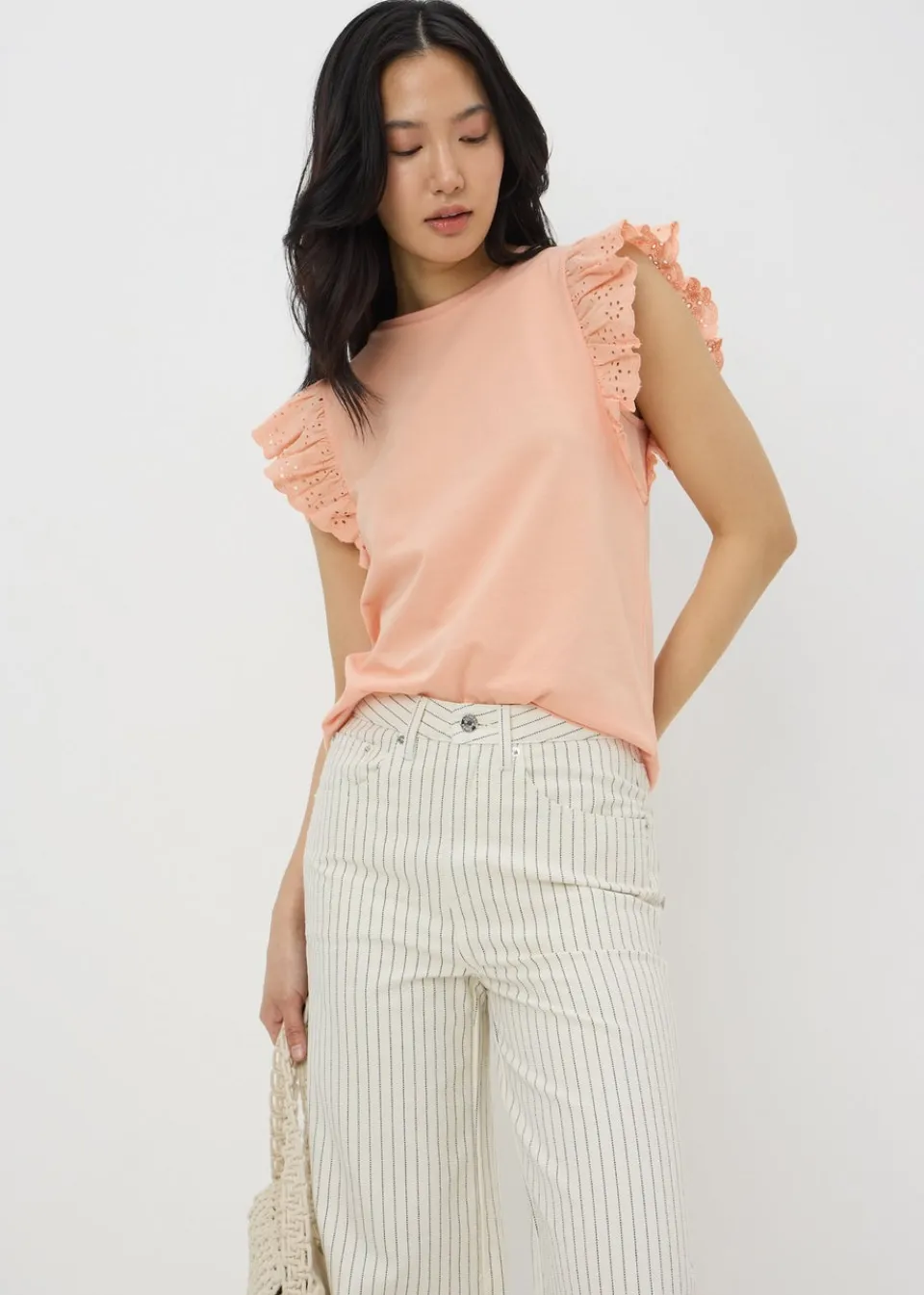 T-Shirts>Papaya Peach Broderie Sleeve T-Shirt
