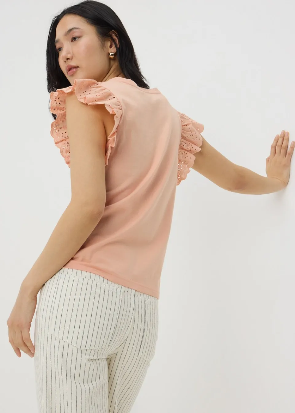 T-Shirts>Papaya Peach Broderie Sleeve T-Shirt