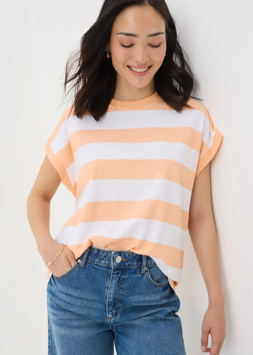T-Shirts>Papaya Peach Stripe Short Sleeve Top