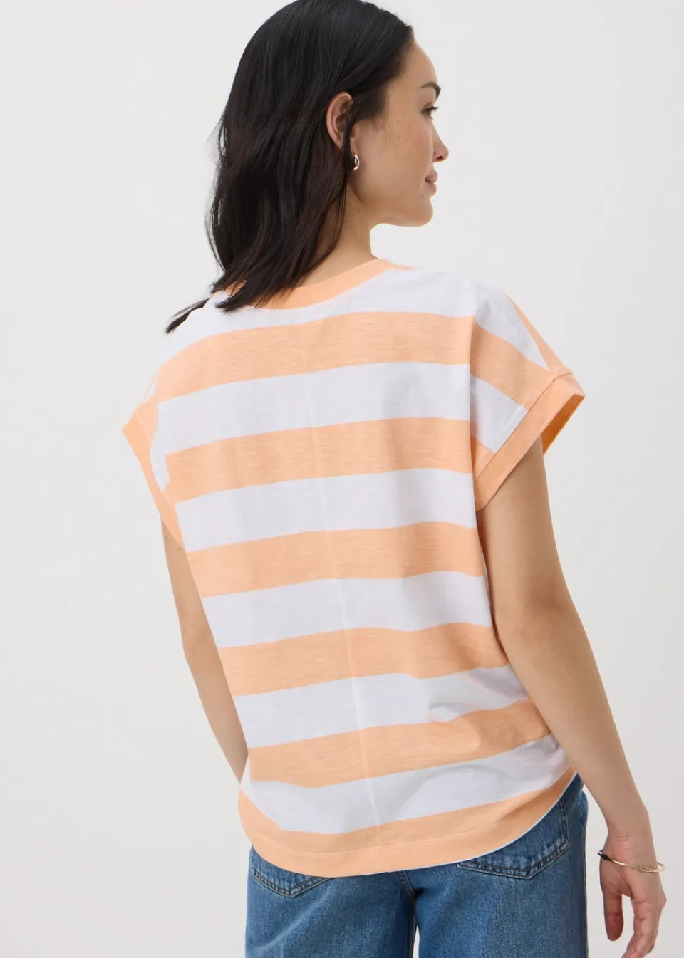 T-Shirts>Papaya Peach Stripe Short Sleeve Top