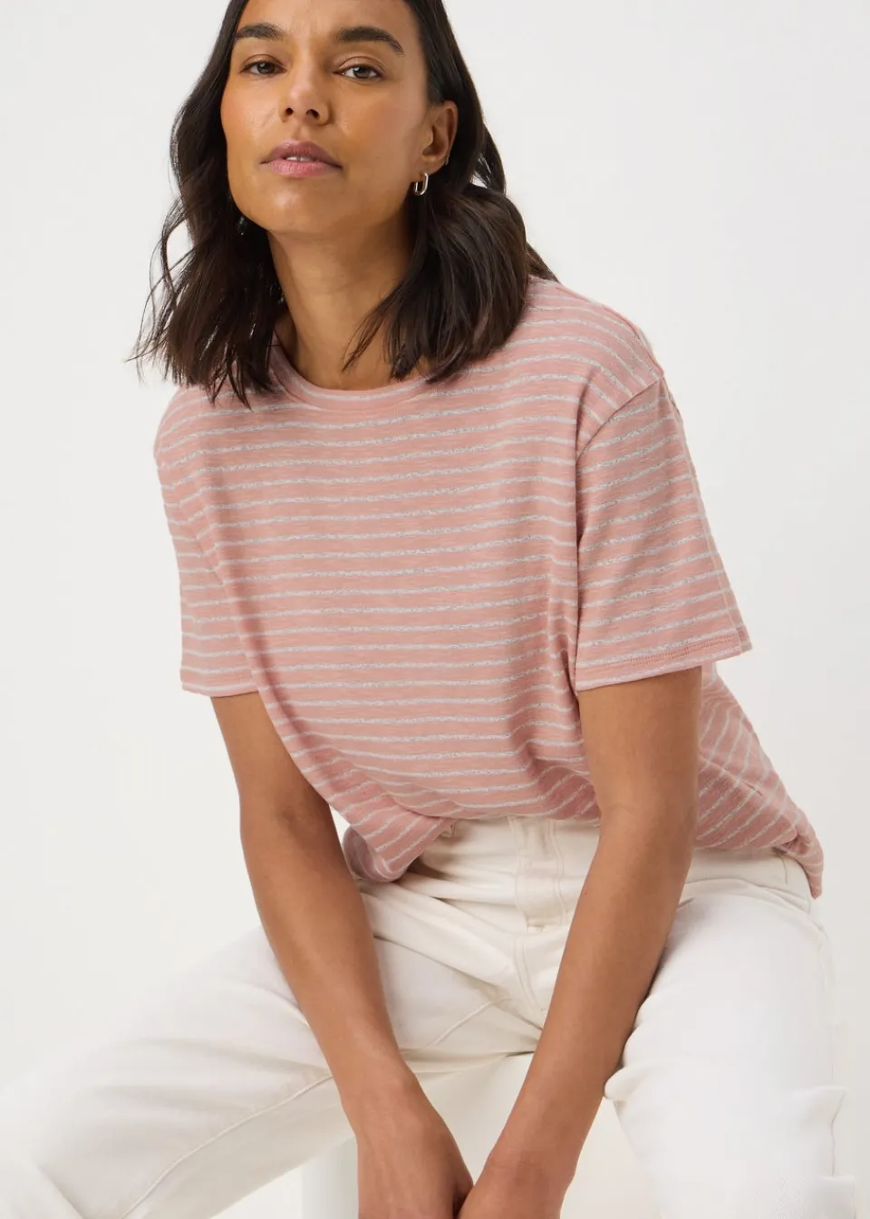 T-Shirts>Papaya Pink Burnout Stripe Relaxed Fit T-Shirt