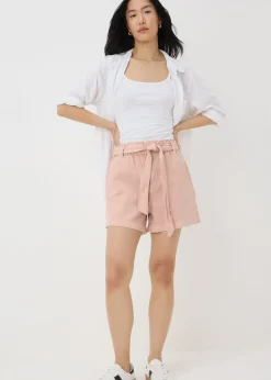 Shorts>Papaya Pink Cotton Belted Shorts