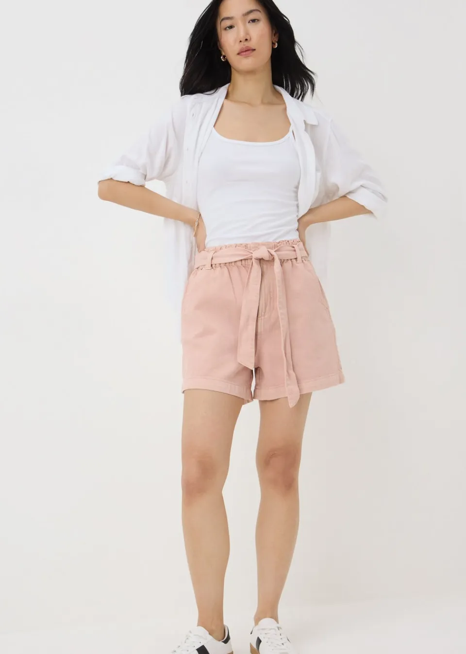 Shorts>Papaya Pink Cotton Belted Shorts