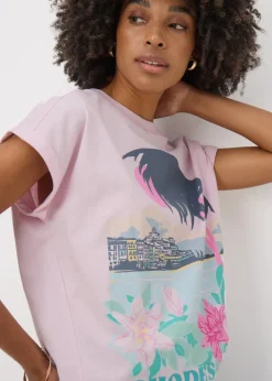 T-Shirts>Papaya Pink Embellished Rhodes Graphic T-Shirt