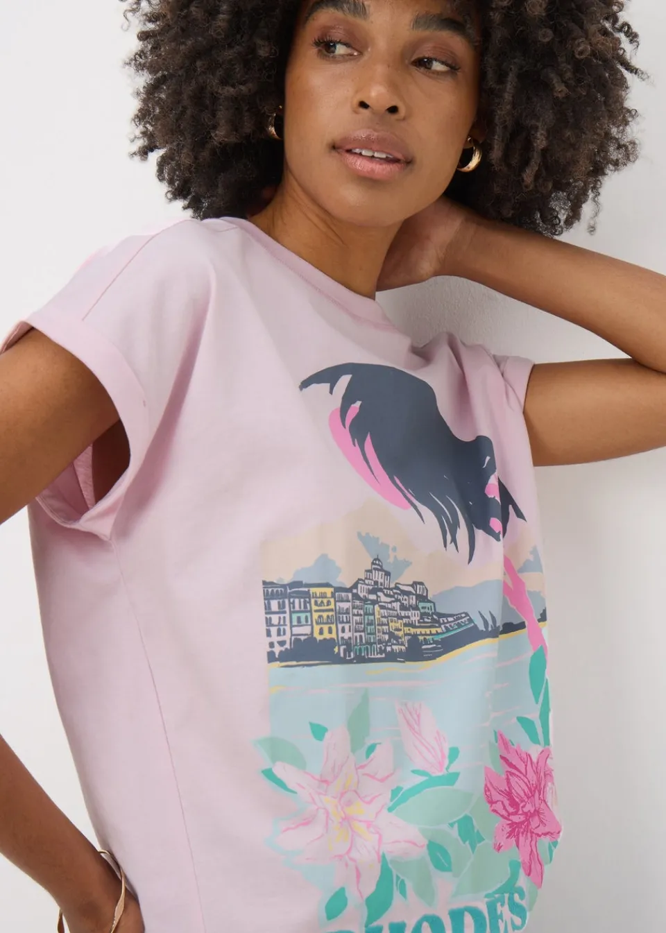 T-Shirts>Papaya Pink Embellished Rhodes Graphic T-Shirt