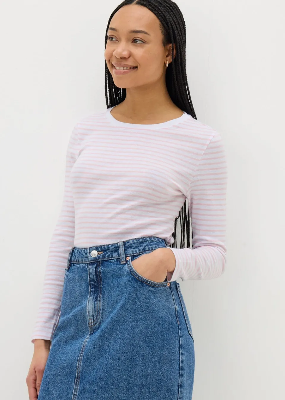T-Shirts>Papaya Pink Fitted Long Sleeve Stripe Top