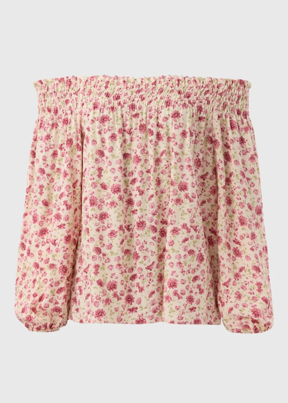 Tops>Papaya Pink Floral Shirred Bardot Top