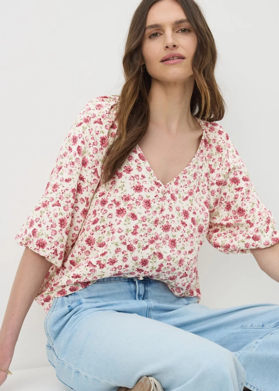 Tops>Papaya Pink Floral Tea Top