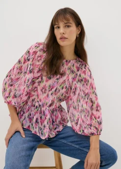 Tops>Papaya Pink Gathered Volume Sleeve Blouse