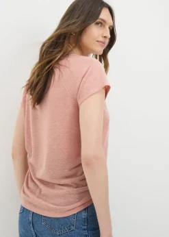 T-Shirts>Papaya Pink Linen Blend Raglan T-Shirt
