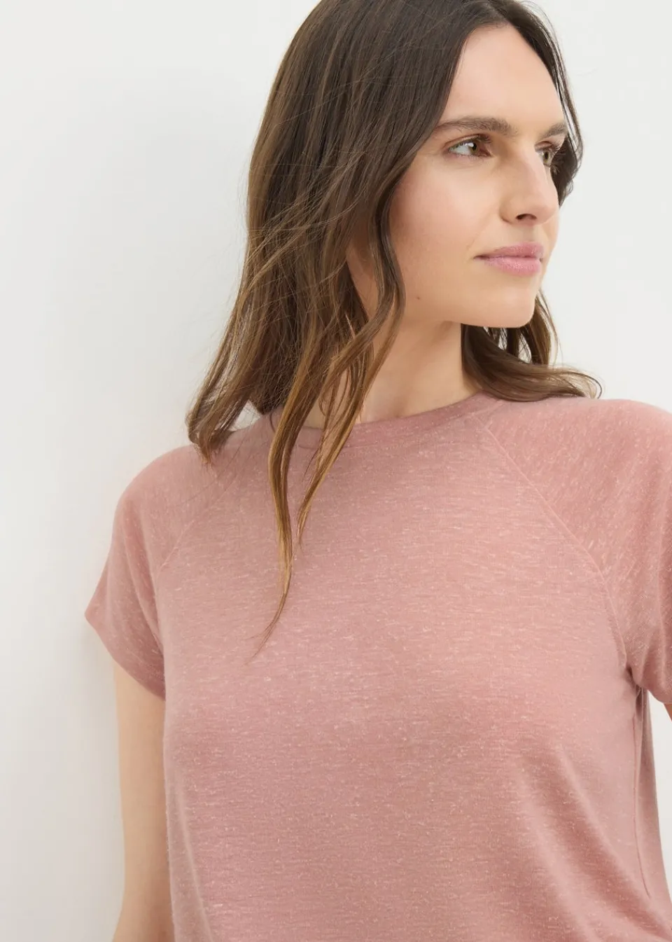 T-Shirts>Papaya Pink Linen Blend Raglan T-Shirt