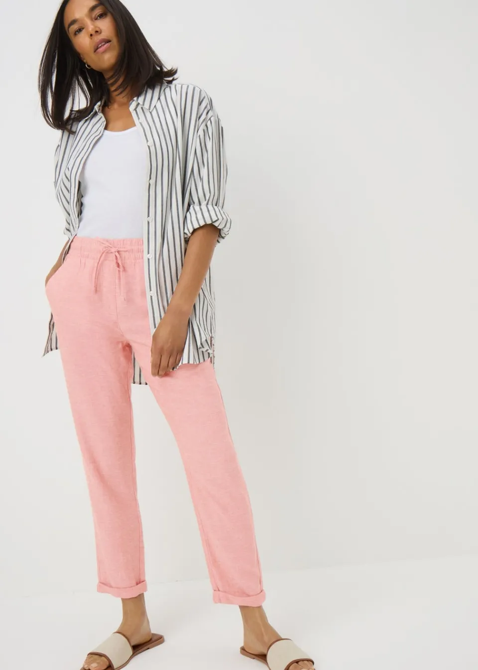 Trousers>Papaya Pink Linen Blend Tapered Trousers