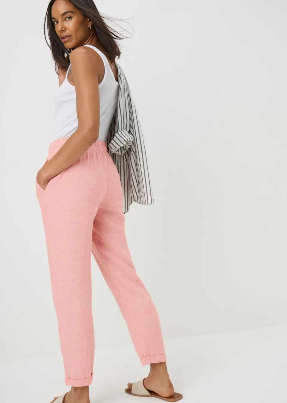 Trousers>Papaya Pink Linen Blend Tapered Trousers